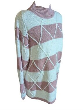 Vtg. 90s Pink /White Striped Cable Knit Tunic Mock Neck Sweater Textured Sz S
